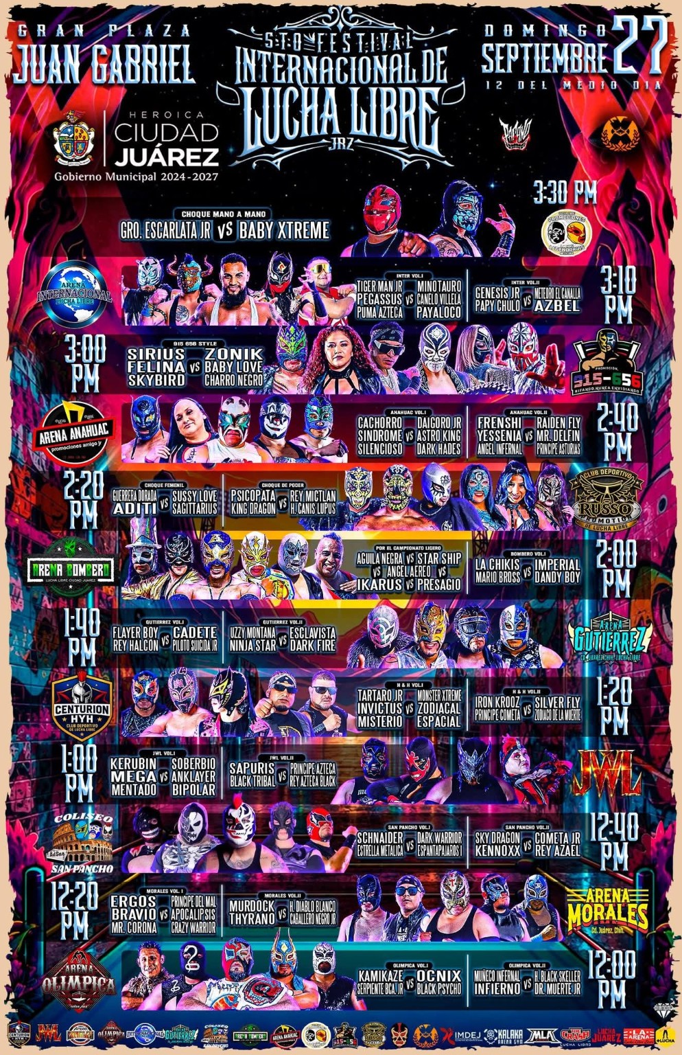 Cartel con los horarios y el talento local del festival de lucha libre