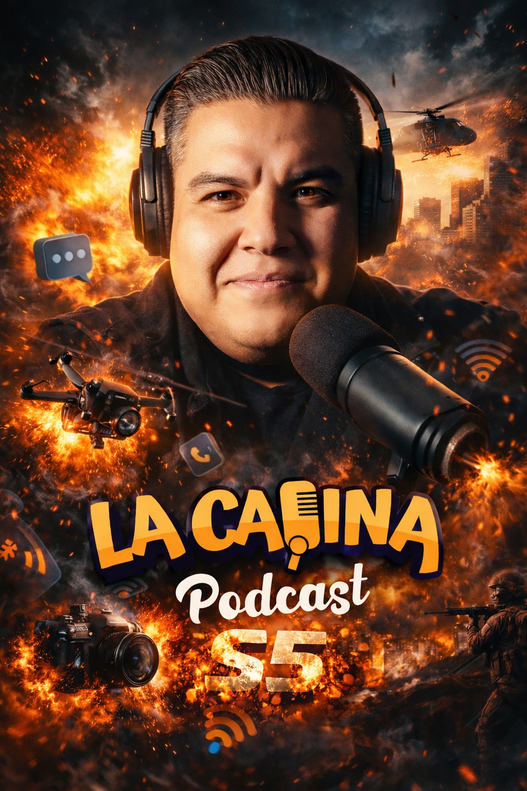 Polox Guerra frente al micrófono en La Cabina Podcast